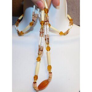 Amber Glass Beaded Necklace With Pink And White Accents